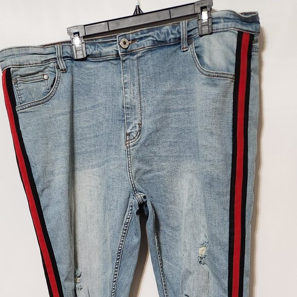 Serenede Jeans Mens Size 42 Double Helix Distressed Blue Denim Stripe Skinny - Picture 1 of 6